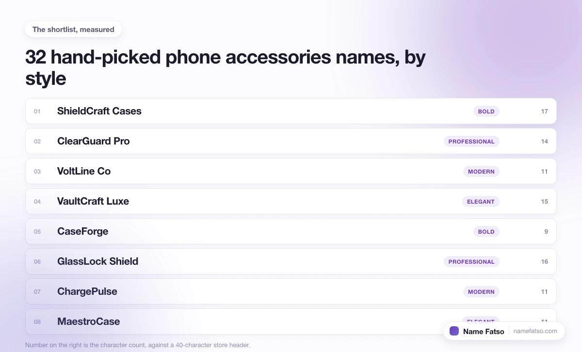 Eight hand-picked Phone Accessories business names, each tagged with its style and its character count.