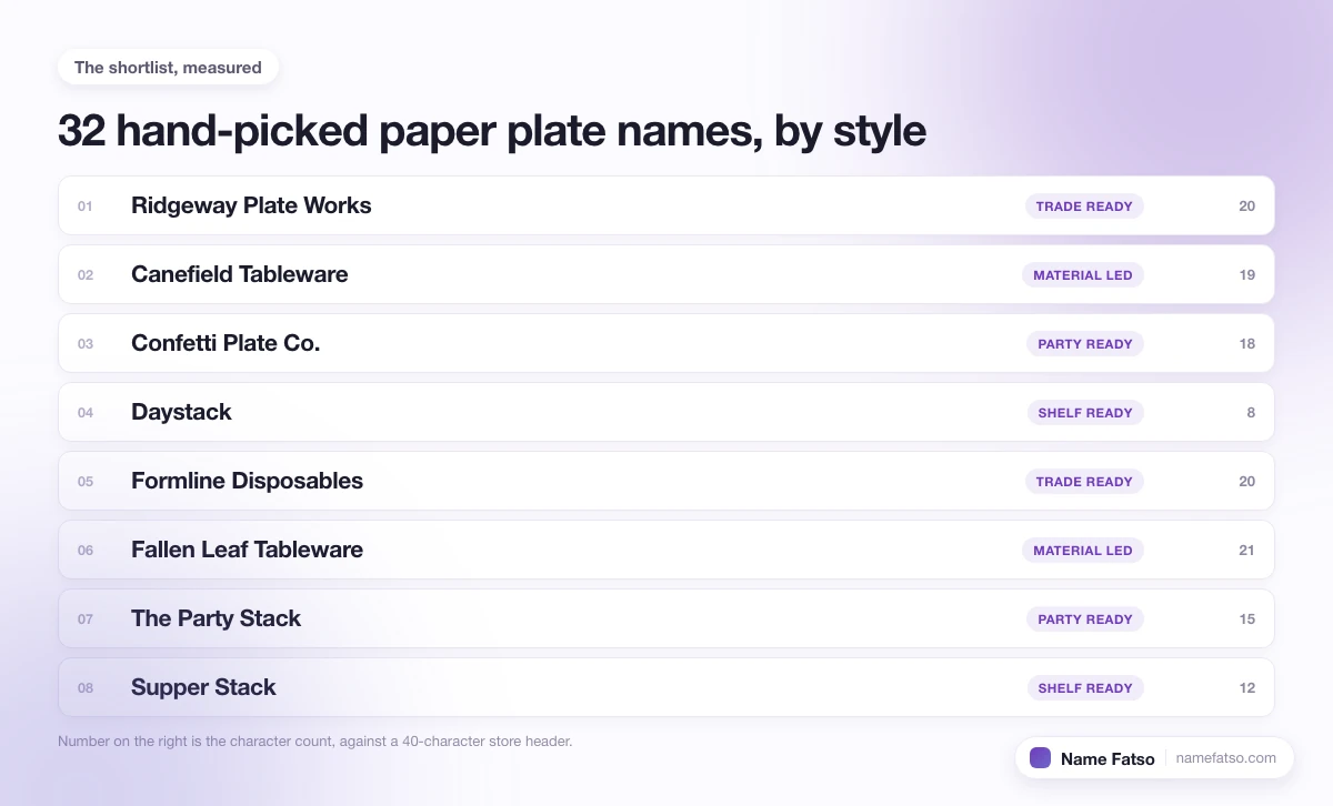 Eight hand-picked Paper Plate business names, each tagged with its style and its character count.