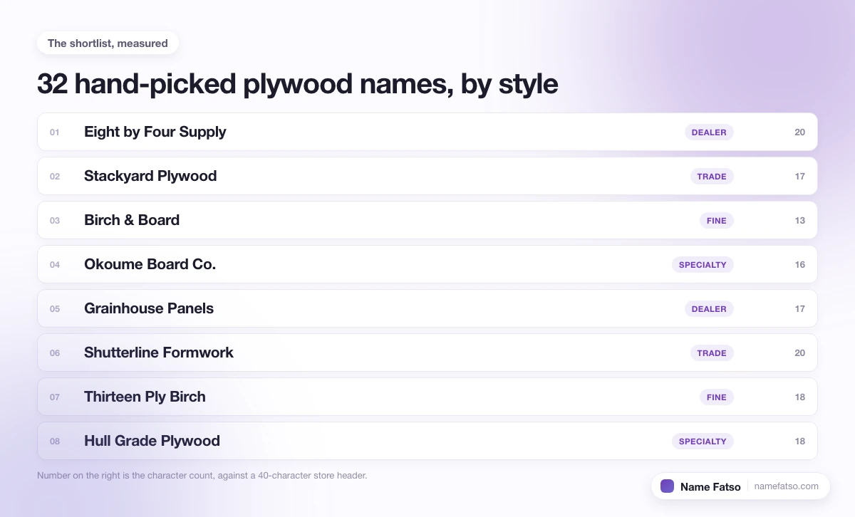 Eight hand-picked Plywood business names, each tagged with its style and its character count.