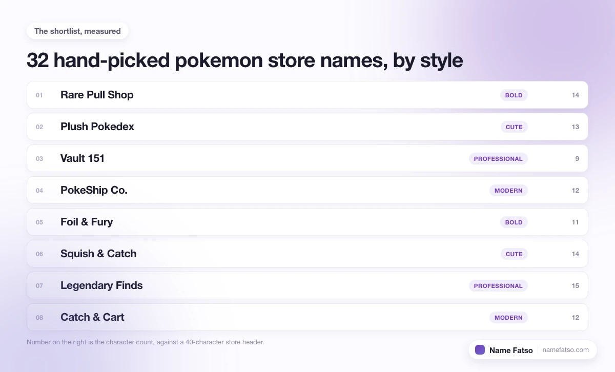 Eight hand-picked Pokemon Store business names, each tagged with its style and its character count.