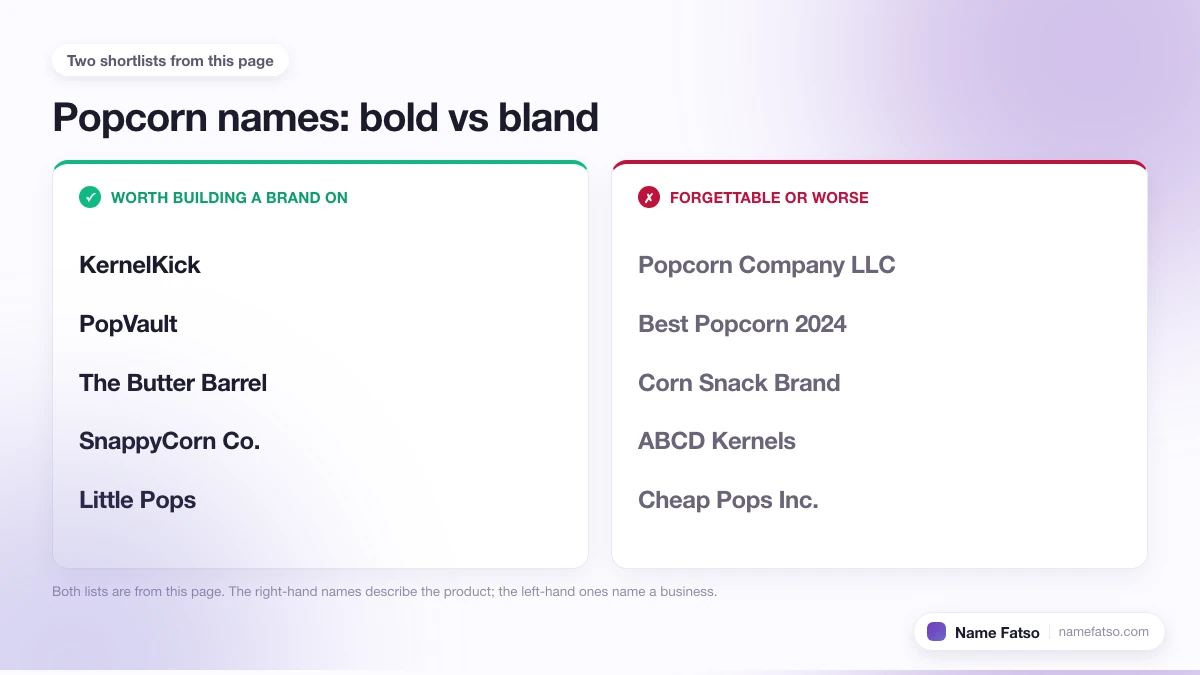 Two columns of Popcorn business names: five that work as a brand, four that only describe the product.