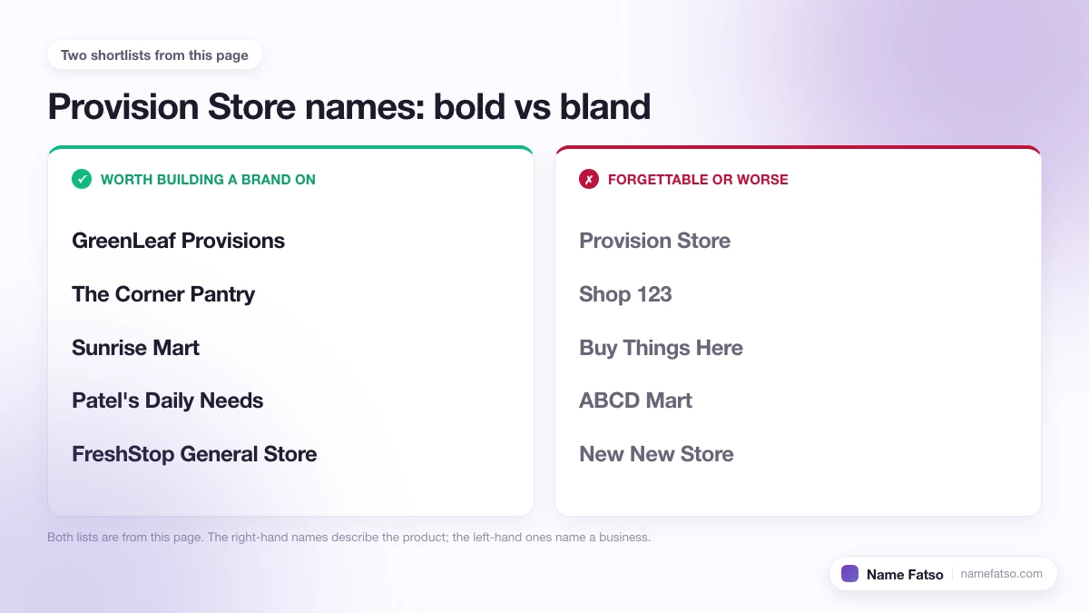 Two columns of Provision Store business names: five that work as a brand, four that only describe the product.