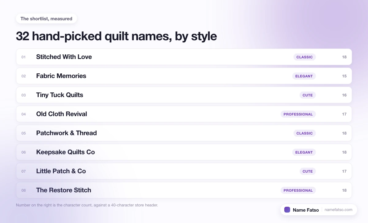 Eight hand-picked Quilt business names, each tagged with its style and its character count.