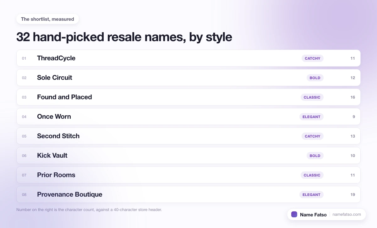 Eight hand-picked Resale business names, each tagged with its style and its character count.