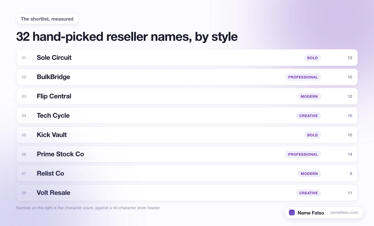 Eight hand-picked Reseller business names, each tagged with its style and its character count.