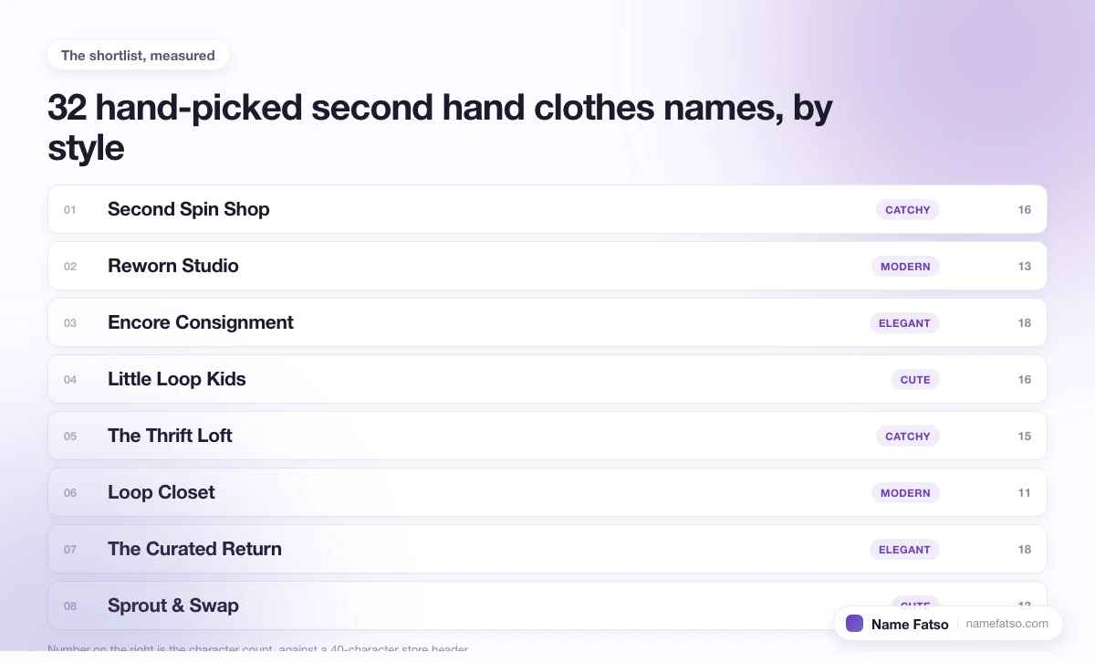 Eight hand-picked Second Hand Clothes business names, each tagged with its style and its character count.