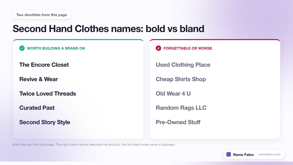 Two columns of Second Hand Clothes business names: five that work as a brand, four that only describe the product.