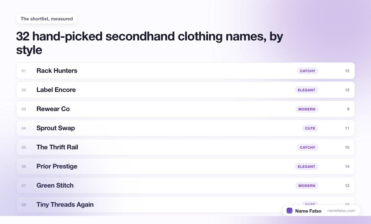 Eight hand-picked Secondhand Clothing business names, each tagged with its style and its character count.