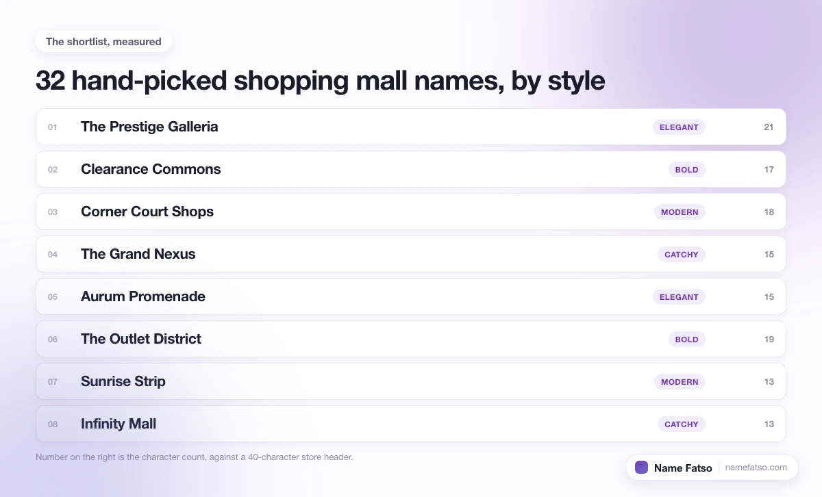 Eight hand-picked Shopping Mall business names, each tagged with its style and its character count.