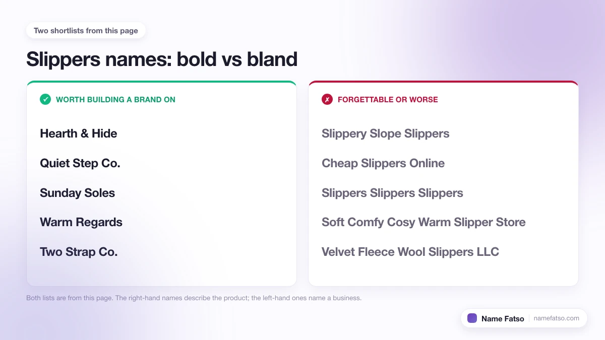 Two columns of Slippers business names: five that work as a brand, four that only describe the product.
