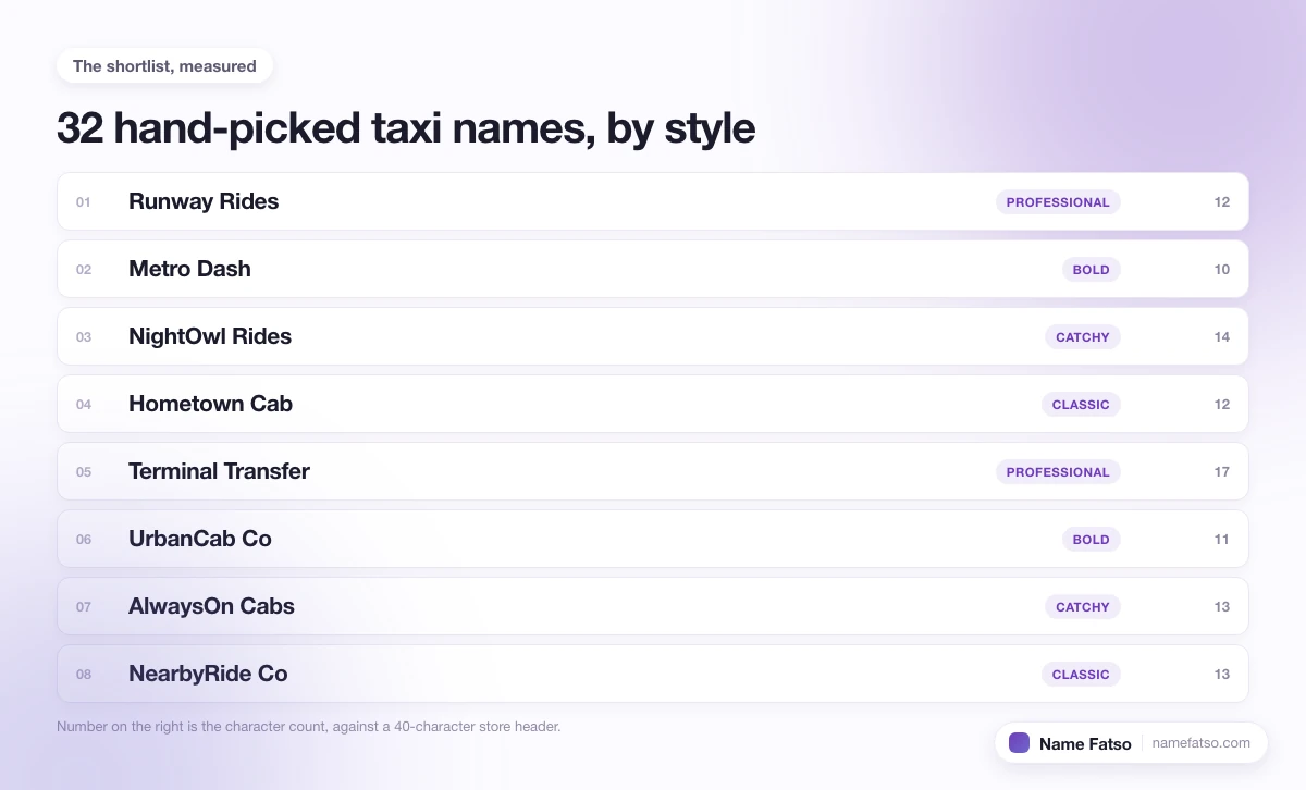 Eight hand-picked Taxi business names, each tagged with its style and its character count.