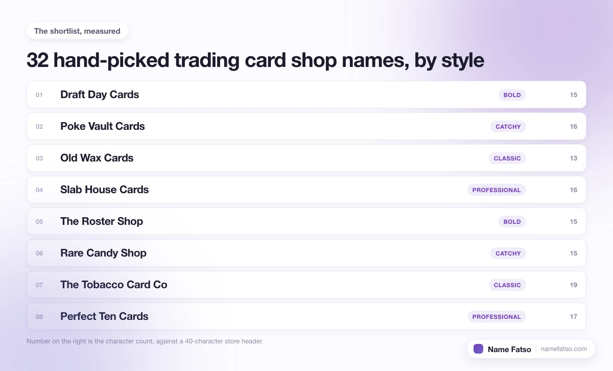 Eight hand-picked Trading Card Shop business names, each tagged with its style and its character count.