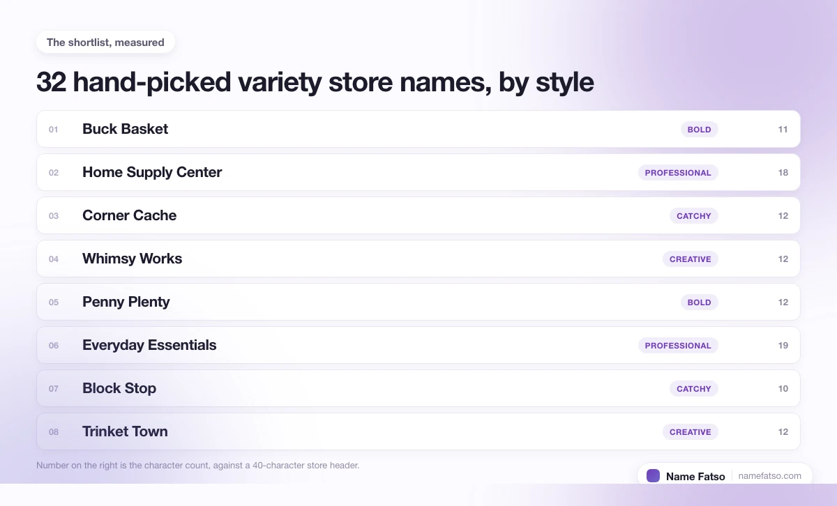 Eight hand-picked Variety Store business names, each tagged with its style and its character count.