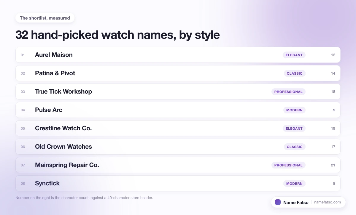 Eight hand-picked Watch business names, each tagged with its style and its character count.
