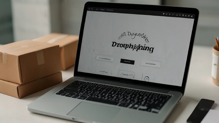 Dropshipping General Store Business Name Ideas - A laptop with packages next to it showing dropshipping logo on its screen